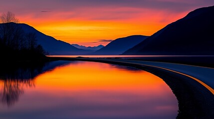 Poster - Vibrant sunset over calm lake and mountain silhouettes reflected in still water, road curves gently.