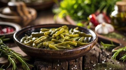 Wall Mural - National Green Bean Casserole Day Fresh pickled green beans with herbs on rustic wooden table for gourmet cooking