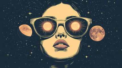 Wall Mural - The concept of the symbolism of the planets in astrology. metaphor of a solar eclipse. female face with glasses, retro style. generated ai. Eclipticae. Illustration