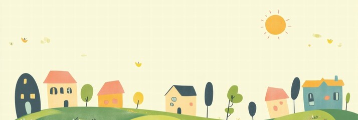 Aufkleber - naive art style landscape depicting colorful homes with greenery and sunshine in a cheerful outdoor 