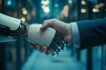 Poster -  robot hand shakes a human hand. The robot is white and the human is wearing a suit. Concept of futuristic technology and the idea of humans and robots interacting with each other