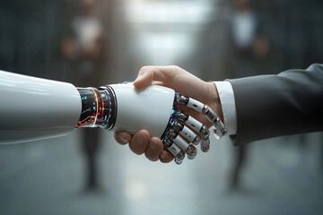 Poster -  robot hand shakes a human hand. The robot is white and the human is wearing a suit. Concept of futuristic technology and the idea of humans and robots interacting with each other