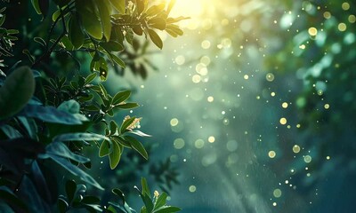 Wall Mural - sunlight filtering through lush greenery with sparkling bokeh