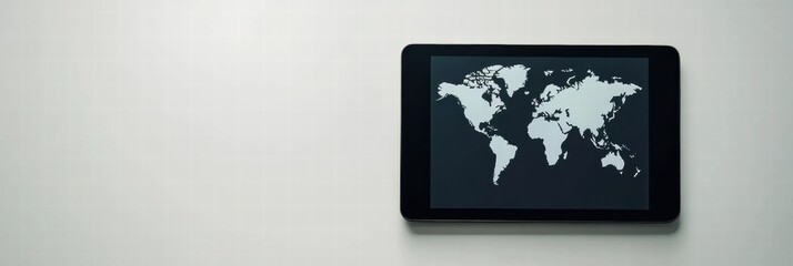 Poster - Modern flat lay with tablet showing world map for travel planning and exploration on neutral background space. Generative AI