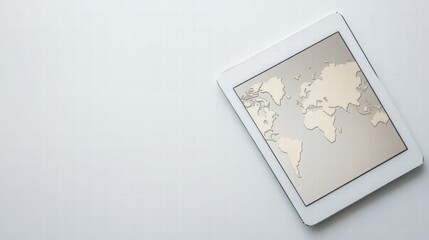 Poster - Modern flat lay featuring a tablet with a world map design and ample space for text. Generative AI