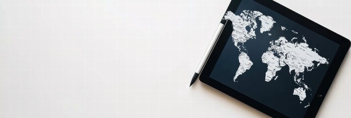 Poster - Modern flat lay featuring a tablet with a detailed world map and space for personalized text. Generative AI