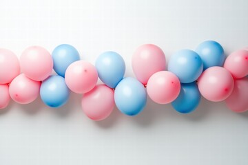Poster - Colorful pink and blue balloons arranged in a playful display on a light background with space for creative text. Generative AI