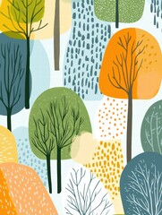 Aufkleber - Colorful naive art style background featuring trees and abstract shapes with space for text or mock up design. Generative AI