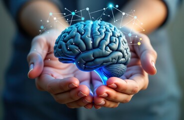 Poster - Human hands gently hold 3d model of brain. Tech, info intelligence concept. Brain presented as complex digital object with glowing neural network connections. Futuristic view of mind, information.