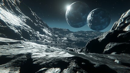 Wall Mural - surface of the moon landscape. flying over the moon surface. close up view. 3d rendering
