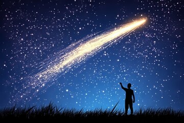 Wall Mural - a solitary girl's silhouette stands on a mountain, beneath a night sky lit by a shooting star