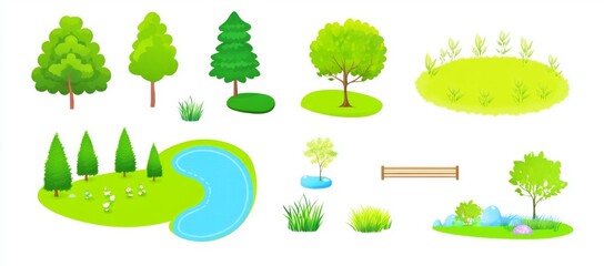 a modern illustration set of park elements for landscape design. top view of trees, outdoor furnitur