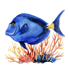 A watercolor vector of a blue tang fish swimming in coral reefs, isolated on a white background. Blue tang fish vector.
