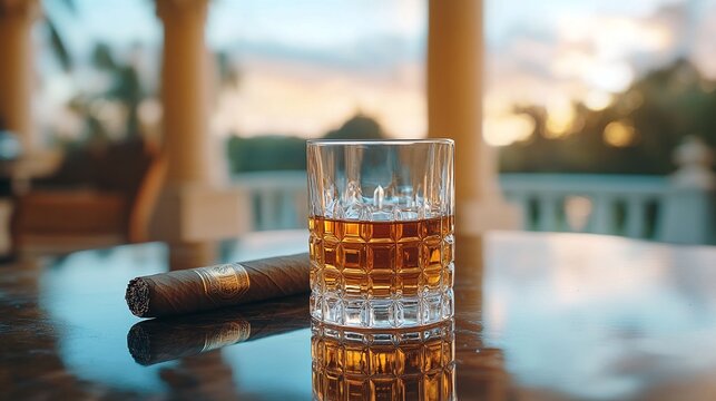 A glass of whiskey and a cigar on a table outside.