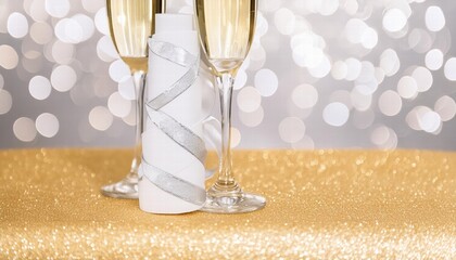 Poster - Elegant Silver, White, and Gold Vertical Abstract Background with Bokeh Lights and Glitter Perfect for Invitations, Websites, and Creative Projects Featuring Ample Copy Space