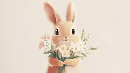 Aufkleber - Cuddly rabbit holding a colorful bouquet of flowers in a soft and inviting illustration with copy space. Generative AI