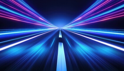 Poster - Speed Motion on a Neon Glowing Road An Abstract Journey Through Blue Lights in the Darkness of Night