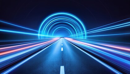 Poster - Speeding Through the Night A Captivating Journey on a Neon Glowing Road with Blue Lights Illuminating the Abstract Perspective of Motion in the Dark