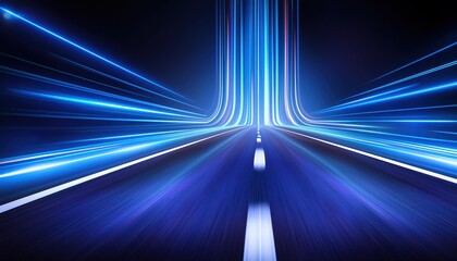 Poster - Speed Motion on a Neon Glowing Road An Abstract Journey Through Dark Perspectives with Blue Lights Illuminating the Path Ahead