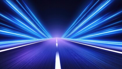 Poster - Speeding Through the Neon Glow A Captivating Journey on a Dark Road Illuminated by Blue Lights in an Abstract Representation of Motion and Energy
