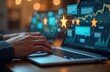 © Viktor - Business person reviews customer satisfaction data on laptop. Analyzing reviews to improve service quality. Focus on enhancing customer satisfaction, loyalty. Digital interface displays feedback
