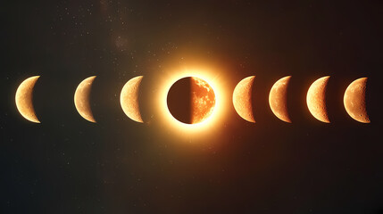 Wall Mural - a total and partial solar eclipse. the moon orbits the sun, creating different sunlit phases. a 3d a