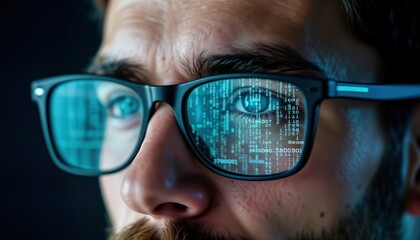 Close-up view of man with eyeglasses. Binary code reflected on lenses. Focused intently on tech. Likely programmer tech professional. Digital surveillance, cybersecurity themes apparent. Future tech,