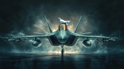 A representation of peace with a dove perched on the wings of a fighter jet, serene atmosphere, contrasting elements of war and tranquility, soft lighting, harmonious colors 