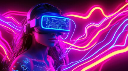 Poster - Futuristic woman with virtual reality headset immersed in neon light waves, showcasing the fusion of technology and human experience in a digital age