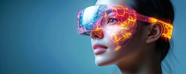 Poster - Futuristic Woman with Neon Digital Glasses and Tech Patterns Illuminating Her Face in a Cybernetic Environment