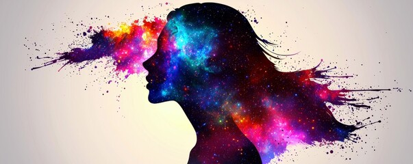 Poster - Beautiful profile silhouette of a woman filled with colorful cosmic particles and vibrant galaxy patterns against a soft abstract background