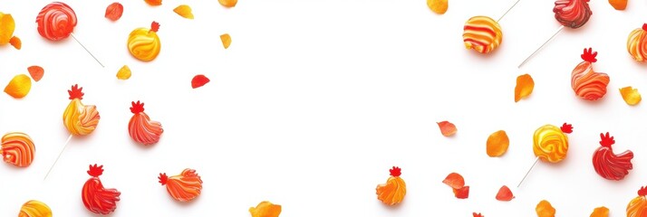 Poster - Colorful rooster shaped lollipops surrounded by petal decor in a bright, cheerful setting ready for creative designs. Generative AI