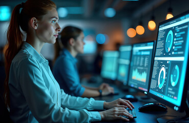 Poster - Woman focused on computer screen with detailed data analysis in tech office. Team of professionals use multiple screens for big data analysis, using computer network, managing, controlling cloud