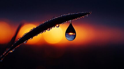 Poster - Dewdrop on grass reflecting sunset.