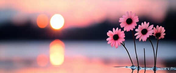 Poster - Pink flowers reflected in sunset water.