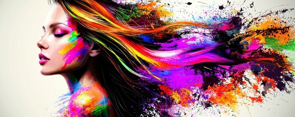 Poster - Vibrant Artistic Expression of a Woman with Colorful Hair and Paint Splashes, Capturing Beauty and Creativity in a Stunning Portraiture