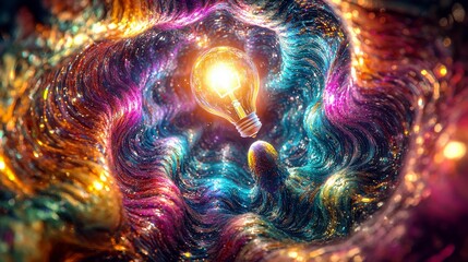 Poster - Colorful cosmic swirl with glowing light bulb in the center, representing bright ideas and creativity in a vibrant universe of imagination