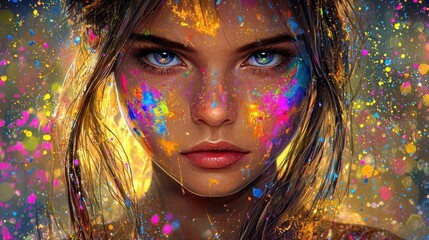 Poster - Captivating Portrait of a Young Girl with Vibrant Splashes of Color on Her Face in an Artistic and Dreamlike Background