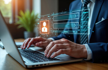 Poster - Businessman uses laptop to log in. Types username, password on webpage. Cyber security concept displayed on screen. Internet access, personal data protection involved. Scene takes place in modern
