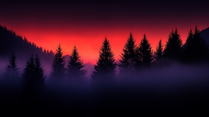 Poster - Fiery sunset over misty forest silhouetted against vibrant sky.