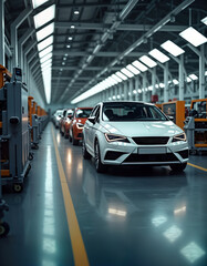 Poster - Automated automotive plant shows cars moving along production line. Modern equipment, workflow visible. Manufacturing process streamlined, efficient. Cars in various stages of assembly travel through