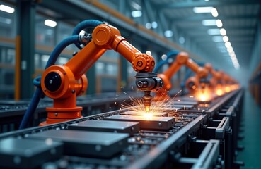 Poster - Orange robotic arms work on automated assembly line in modern factory. Precisely weld assemble parts on moving components. Futuristic tech powers efficient production. Advanced machines create high
