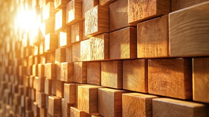 Poster - Sunlit wall of stacked wooden blocks.