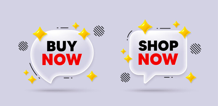 Buy now with 3d flare icons. Shop now glass chat speech bubble with 3d stars. Black friday concept icon. Buy chat message with cute 3d flare stars. App shop now transparent bubble. Vector illustration