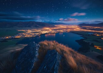 Sticker - Gorgeous Night Photography of Albany Waterfront from Mt Melville, Capturing Radiant City Lights and Quiet Water Reflections for a Charming Landscape Experience.