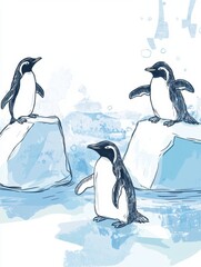 Poster - Playful penguins enjoying their time on floating icebergs with plenty of space for creative text. Generative AI
