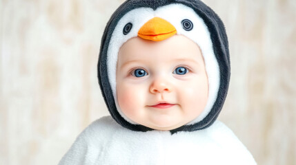 Adorable baby wearing penguin costume smiling and looking forward