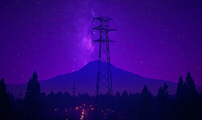 Wall Mural - in the starry night, the milky way is visible, against a backdrop of blue and purple sky above rugge