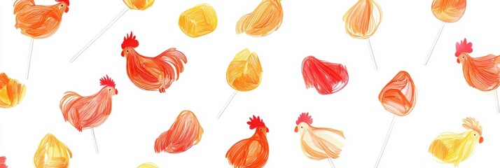 Aufkleber - Vibrant rooster lollipops in various colors on white background with space for additional text or design elements. Generative AI