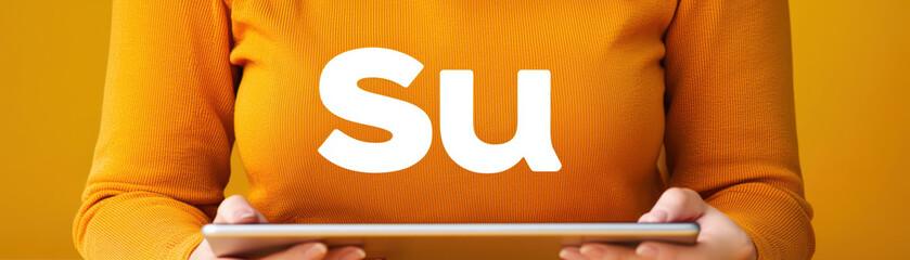 Poster - woman in orange sweater is using tablet, showcasing her creativity and focus